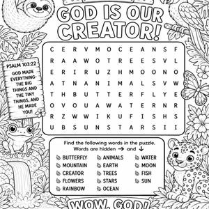 May include: A black and white activity sheet titled Rainforest VBS Day 1 God Is Our Creator featuring a word search puzzle, a list of words to find, a sloth, a parrot, a frog, and a leopard, with the text Psalm 103:22 and Wow, God!