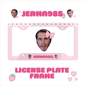 May include: A pink license plate frame featuring a repeating white polka dot pattern, a scalloped top edge with small bows, and the text JERMA985. The frame includes multiple circular portraits of a man and a large central portrait with a pink bow.