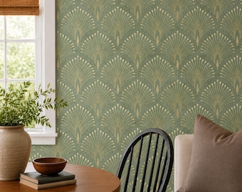 Green Gold Art Deco Wallpaper, Vintage Gatsby Wall Mural, Removable Peel and Stick Wallpaper