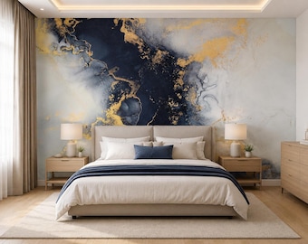 Abstract Alcohol Ink Navy and Gold Wall Mural Wallpaper, Modern Luxury Living Room Decor, Large Scale Art Accent Wall, Home Office Decor