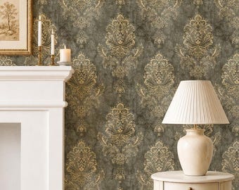 Vintage Damask Dark Green Wallpaper Peel and Stick, Moody Victorian Wall Decor, Gothic Floral Accent Wall, Removable Elegant Home Design