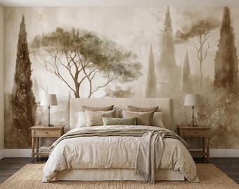 Tuscan Landscape Watercolor Mural Italian Cypress Tree Wallpaper, Vintage Sepia Wall Decor, Rustic Farmhouse Aesthetic, Moody Nature Art