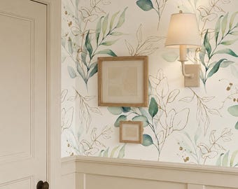 Watercolor Eucalyptus Gold Floral Wallpaper, Botanical Removable Wall Mural, Modern Farmhouse Wall Decor