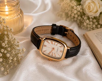 Elegant Gold-Tone Rectangular Watch | Navy Blue & black Dial, Leather Strap (Vintage Inspired)