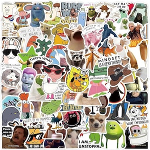 May include: A collection of assorted vinyl stickers featuring various internet memes, cartoon characters, animals, and humorous text phrases. The stickers are densely packed together, displaying a wide range of colours, artistic styles, and pop culture references.