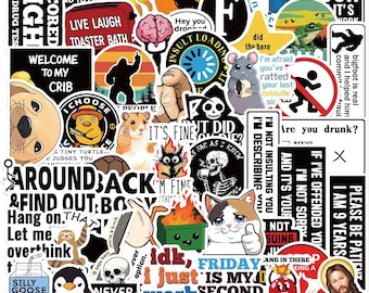 May include: A collection of assorted vinyl stickers featuring various graphic designs, including cartoon animals, skeletons, humorous text, and pop culture references. The stickers display diverse colors, shapes, and fonts, creating a dense collage.