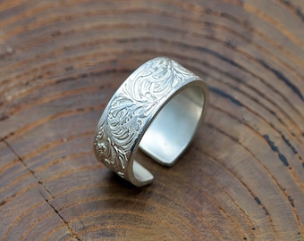 Handcrafted Solid 925 Sterling Silver Scroll Engraved Open Cuff Ring, Adjustable Wide Western Floral Carved Thumb Band