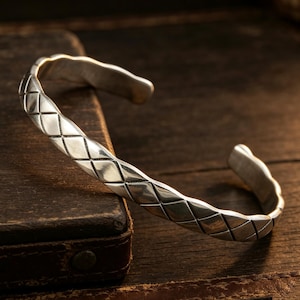 Solid 925 Sterling Silver Diamond Grid Cuff Bracelet, Oxidized Western Bangle