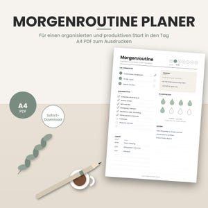 Könnte beinhalten: Ein digitaler Morgenroutine-Planer im A4-Format mit deutschem Text. Das Dokument enthält Abschnitte für Top-Prioritäten, Tagesziele, eine Checkliste für Gewohnheiten, einen Wassertracker mit Tropfensymbolen sowie einen Termin- und Notizbereich.