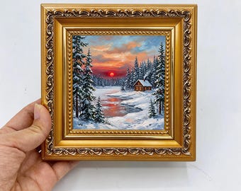 Winter Cabin Sunset Dining Room Kitchen Decor ,Custom Oil Painting from photo 4x4, Gift For Friend Size 4x4