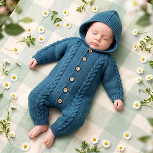 May include: A teal knitted baby romper featuring a hood, long sleeves, and ribbed cuffs. The garment is constructed with a central vertical cable knit pattern and fastens down the front with five small, round, light brown wooden buttons.