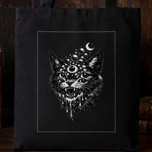 Mystical Cat Tote, Gothic Occult Artwork | 100% Cotton Black Canvas | Large 20-Inch OAD117