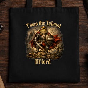 Frog Knight Tote, Medieval Fantasy Canvas Carryall | 100% Cotton | Black, Library Ready OAD117