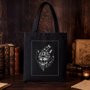 Mystical Cat Tote, Gothic Occult Artwork | 100% Cotton Black Canvas | Large 20-Inch OAD117