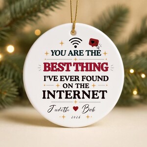 Online Dating Gift | Custom Couples Ornament - Round Ceramic, Names, Year, Christmas Keepsake