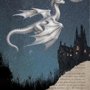 May include: A white dragon with detailed scales and wings flies through a dark blue night sky featuring a full moon, stars, and a silhouette of a castle. The image includes torn paper edges with Latin text overlays in the corners.