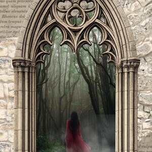 May include: A stone gothic arch window frame with intricate tracery, surrounding a view of a misty forest. A figure with long dark hair wearing a flowing red dress stands in the center, facing away from the viewer toward the dense trees.