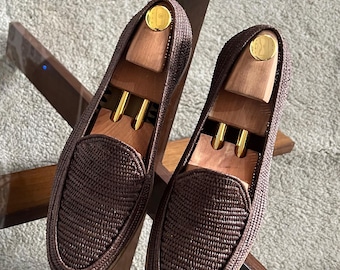 Handgefertigte Raffia Loafers, Braune Naturleder Herren Mokassins, Gewebte Sommer Slip Ons