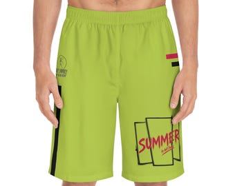 Summer Retro Frames Men's Board Shorts | Neon Lime Surf Print