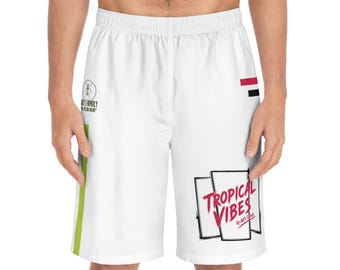 Tropical Vibes Graphic Men's Board Shorts | White Beach Swim Trunks