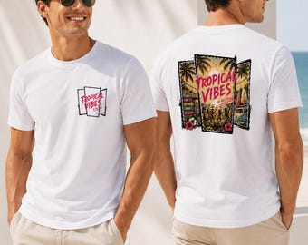 Tropical Vibes postcard collage T-shirt | Beach palm sunset graphic tee