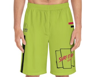 Surf It Up graphic Men's Board Shorts | Neon Lime, Retro Surf Design