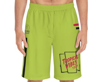 Tropical Vibes Graphic Board Shorts | Neon Lime Swim Trunks