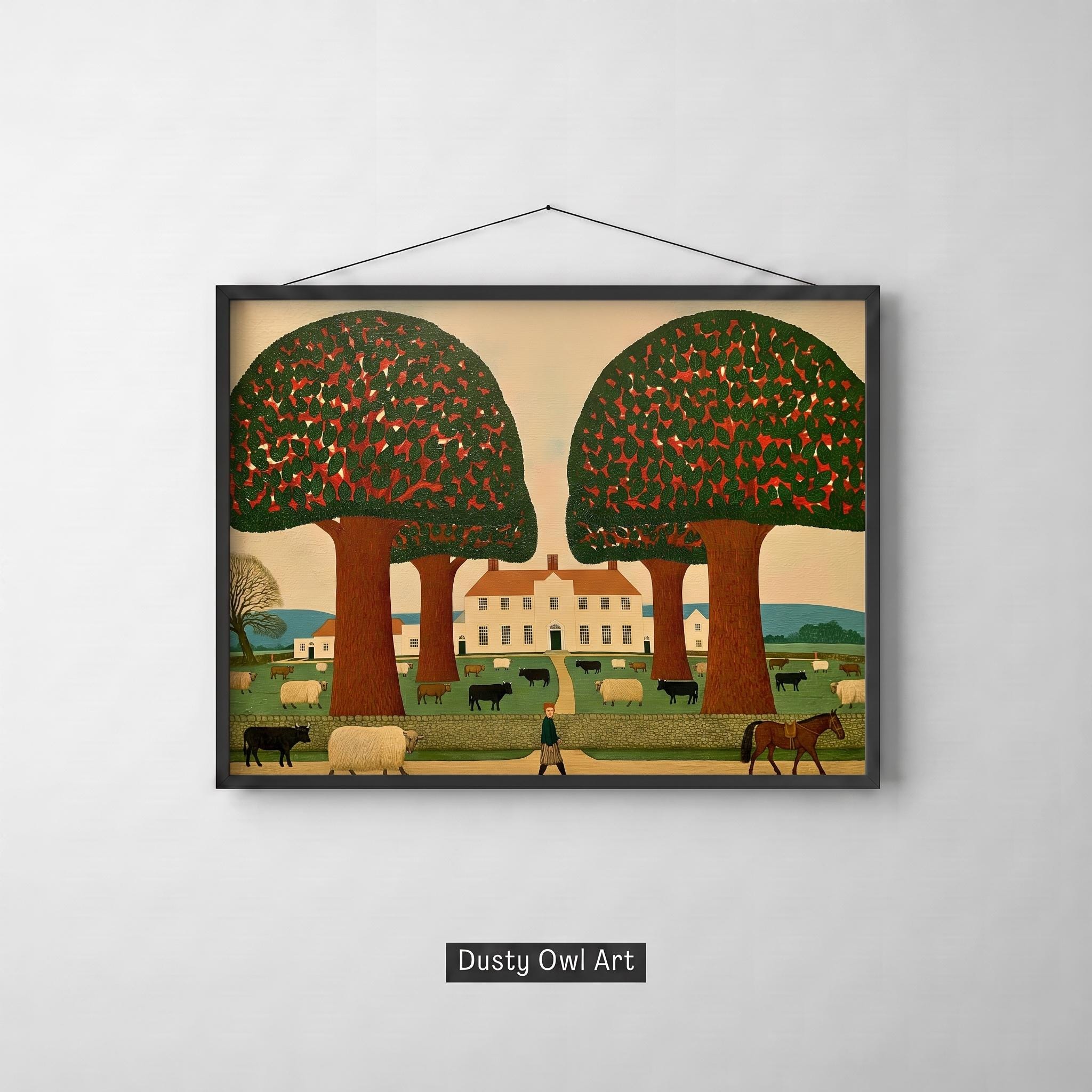 Folk Art Manor Print, Naive Pastoral Landscape, Sheep Cattle Horse (Digital Download)