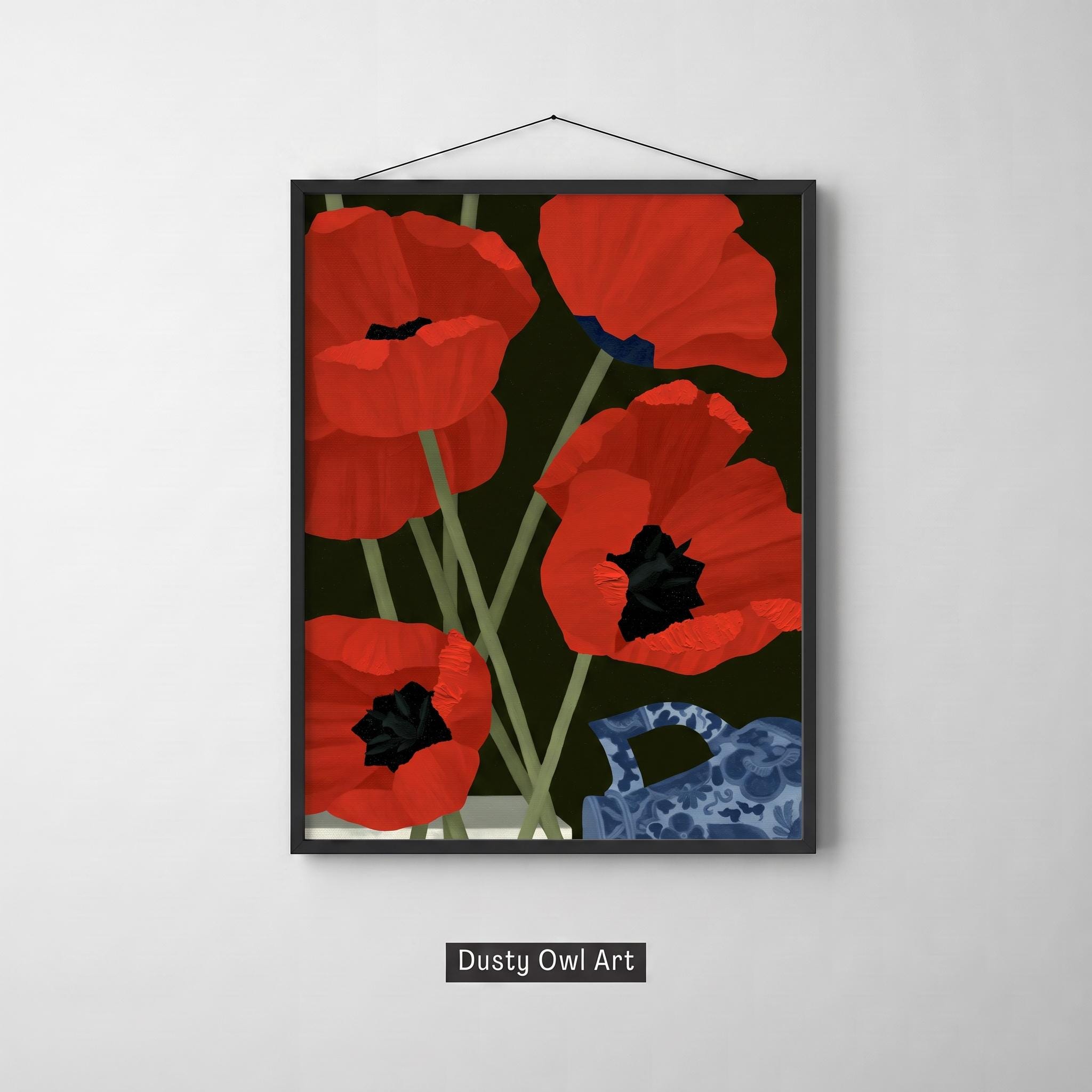 Red Poppy Print, Chinoiserie Floral Wall Art, Blue and White Vase Botanical, Dark Maximalist Flower Decor, Digital Download