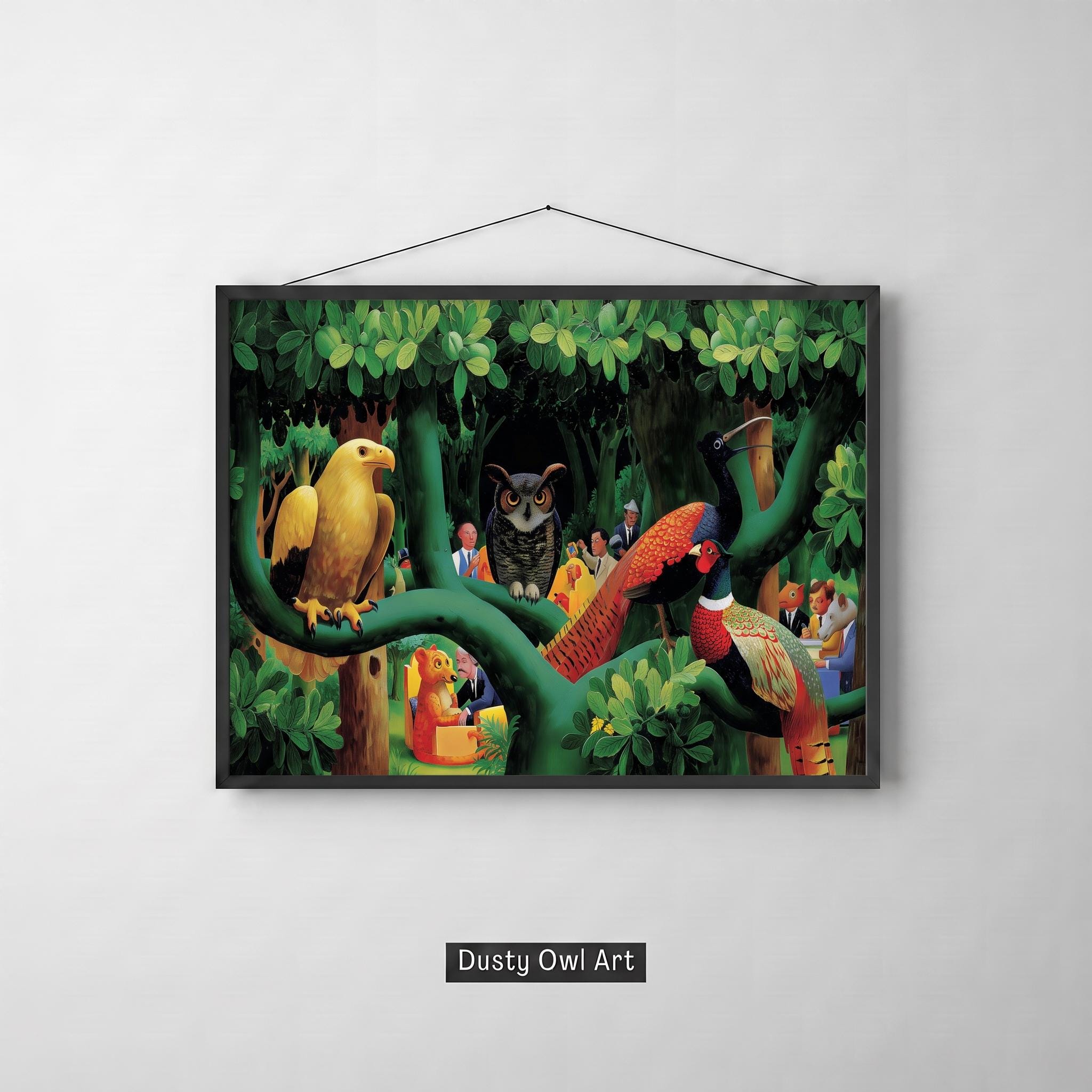 Folk Art Bird Print, Woodland Forest Wall Art, Whimsical Owl Eagle Pheasant (Digital Download)