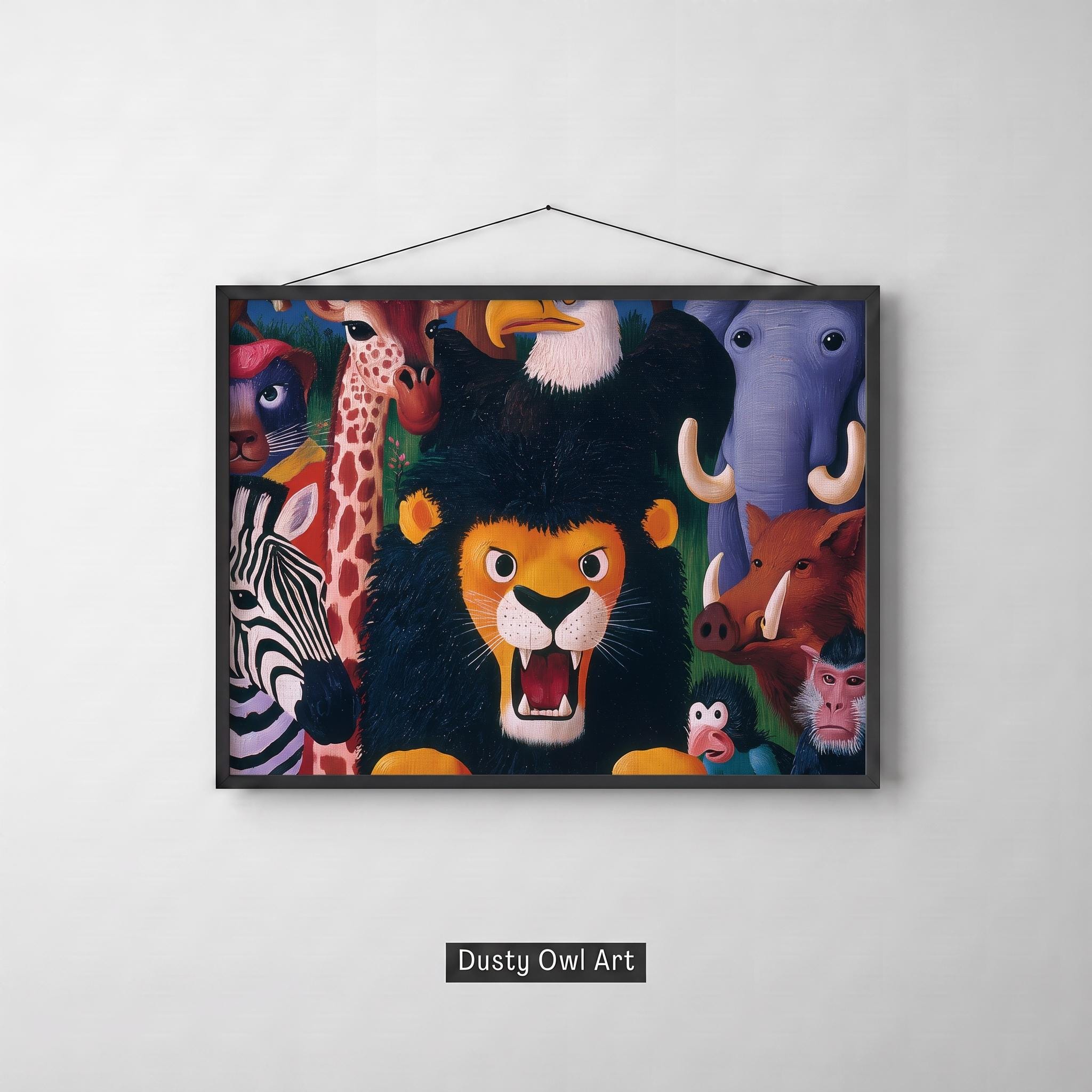 Folk Art Lion Print, Maximalist Jungle Safari Animals, Naive Eclectic Decor (Digital Download)
