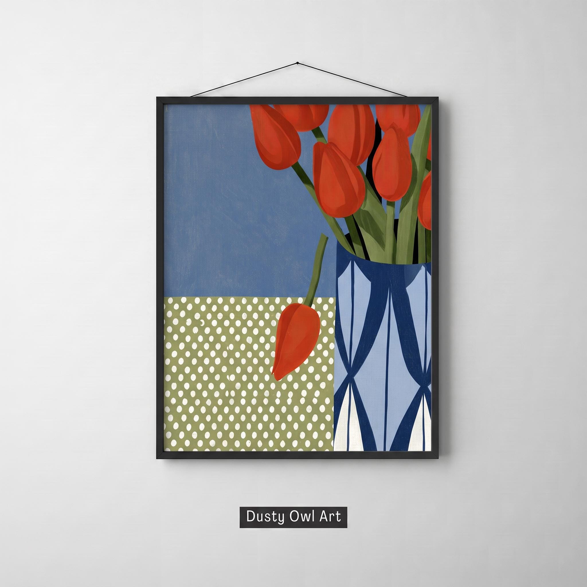 Red Tulip Print, Modern Folk Flower Wall Art, Blue Vase Maximalist Botanical, Colorful Still Life Decor, Digital Download