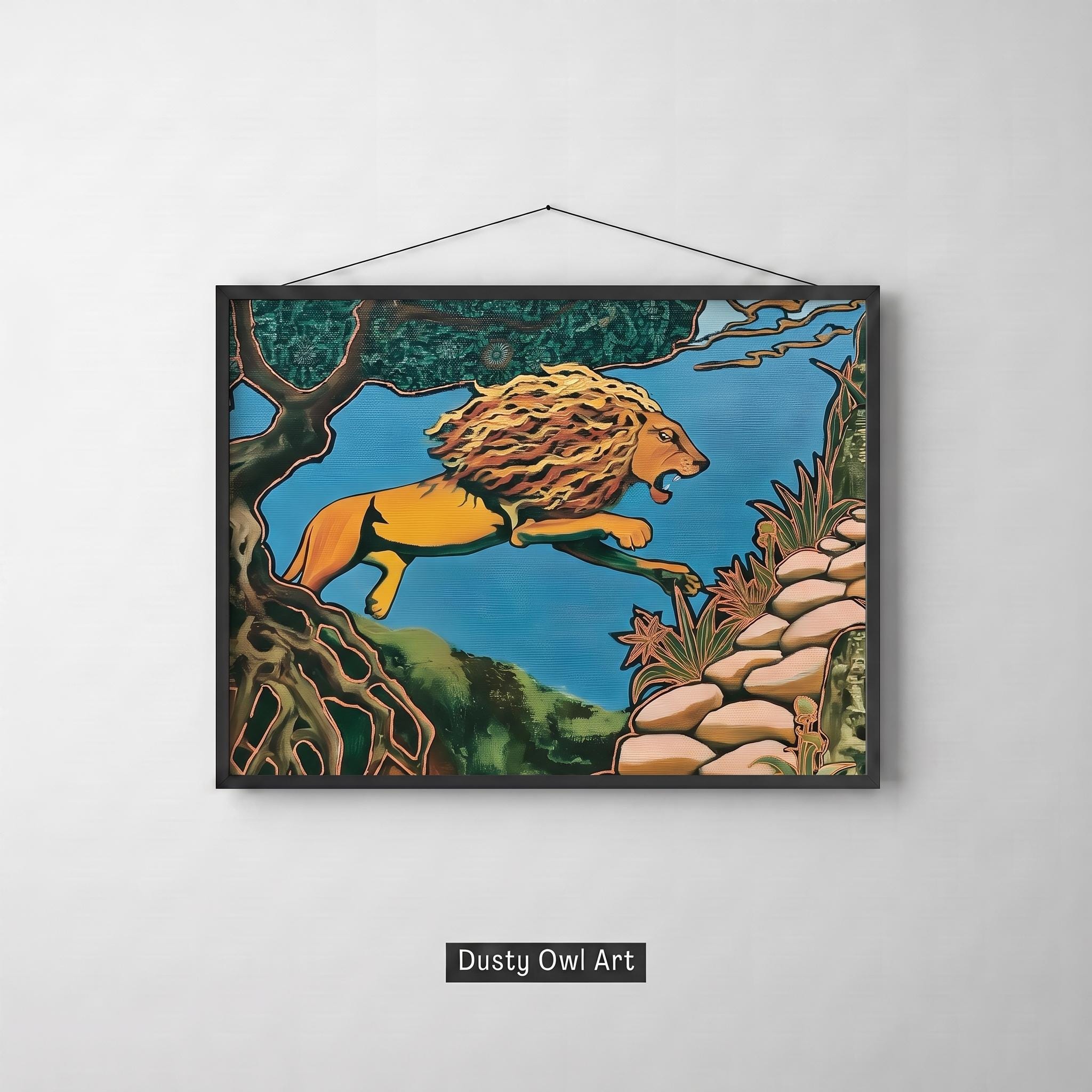 Leaping Lion Folk Art Print, Colorful Maximalist Jungle Painting (Digital Download)