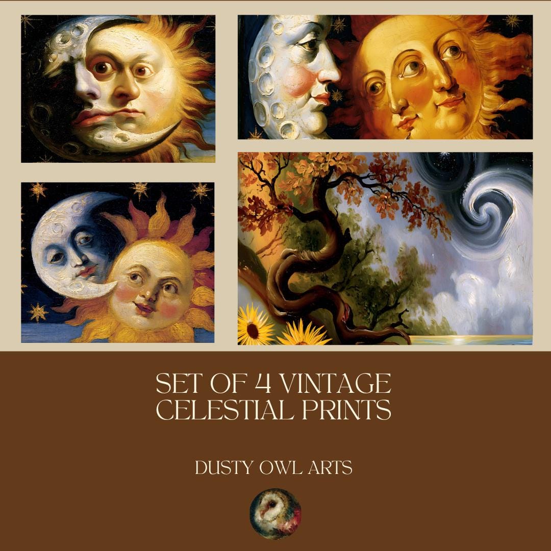 Set of 4 Vintage Celestial Prints, Moody Sun Moon Art, Dark Academia Astrology Digital Download