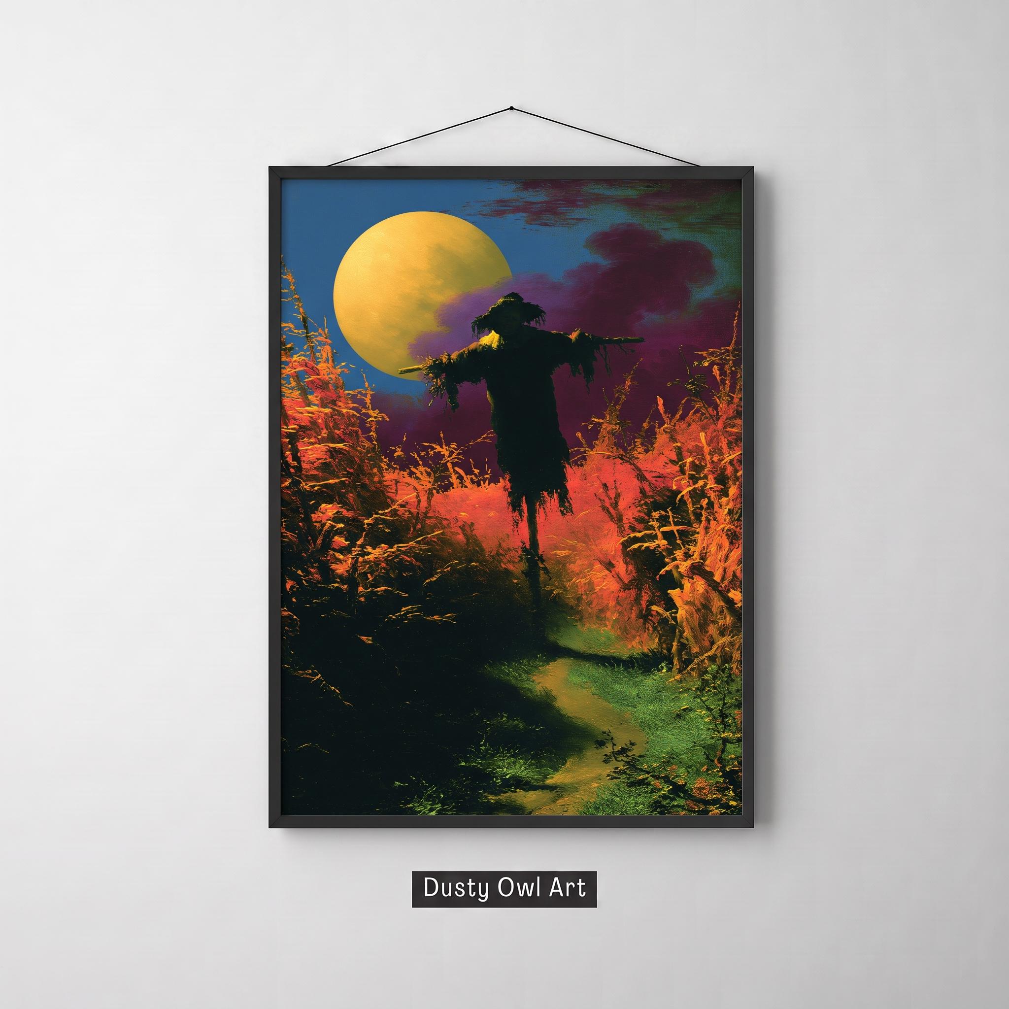 Scarecrow Print, Vintage Halloween Wall Art, Autumn Cornfield Full Moon Decor, Spooky Dark Academia Card, Digital Download