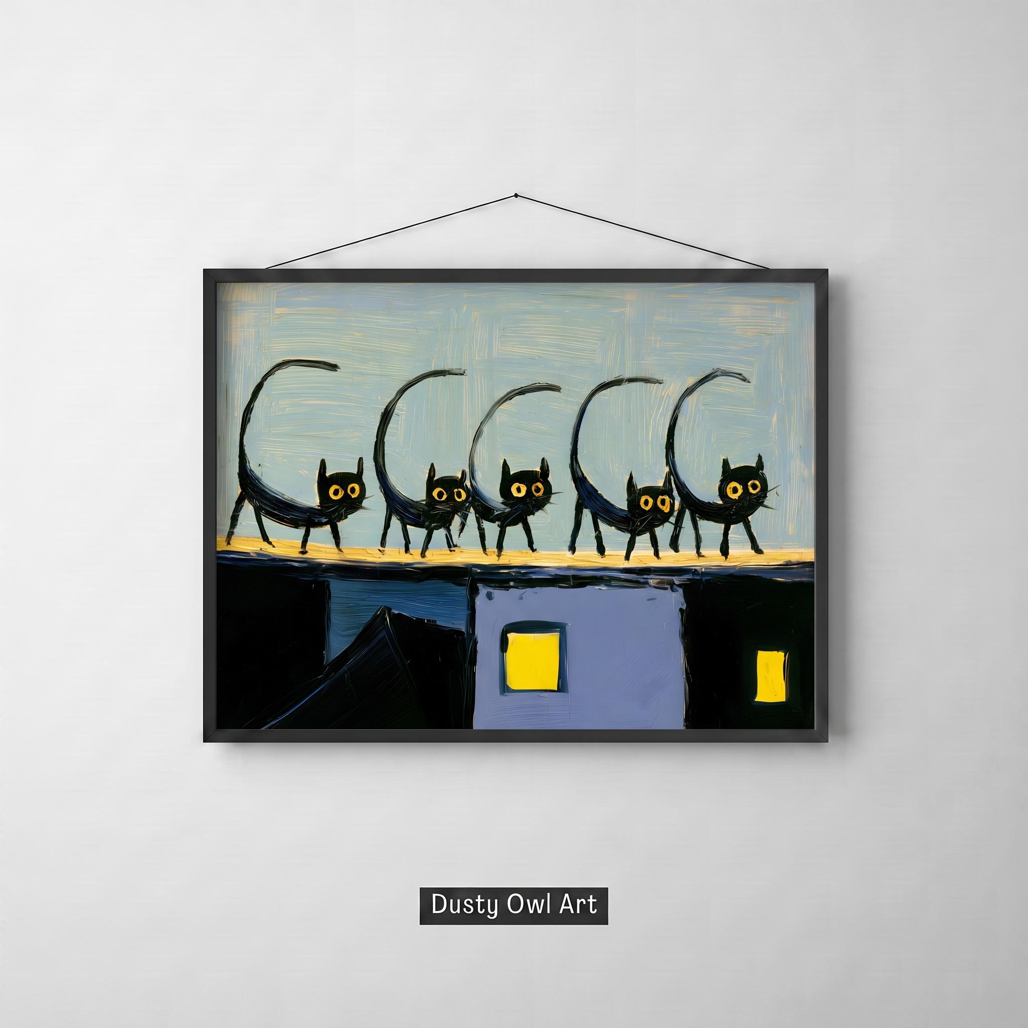 Black Cat Folk Art Print, Whimsical Naive Night Painting, Moody Witchy Wall Art
