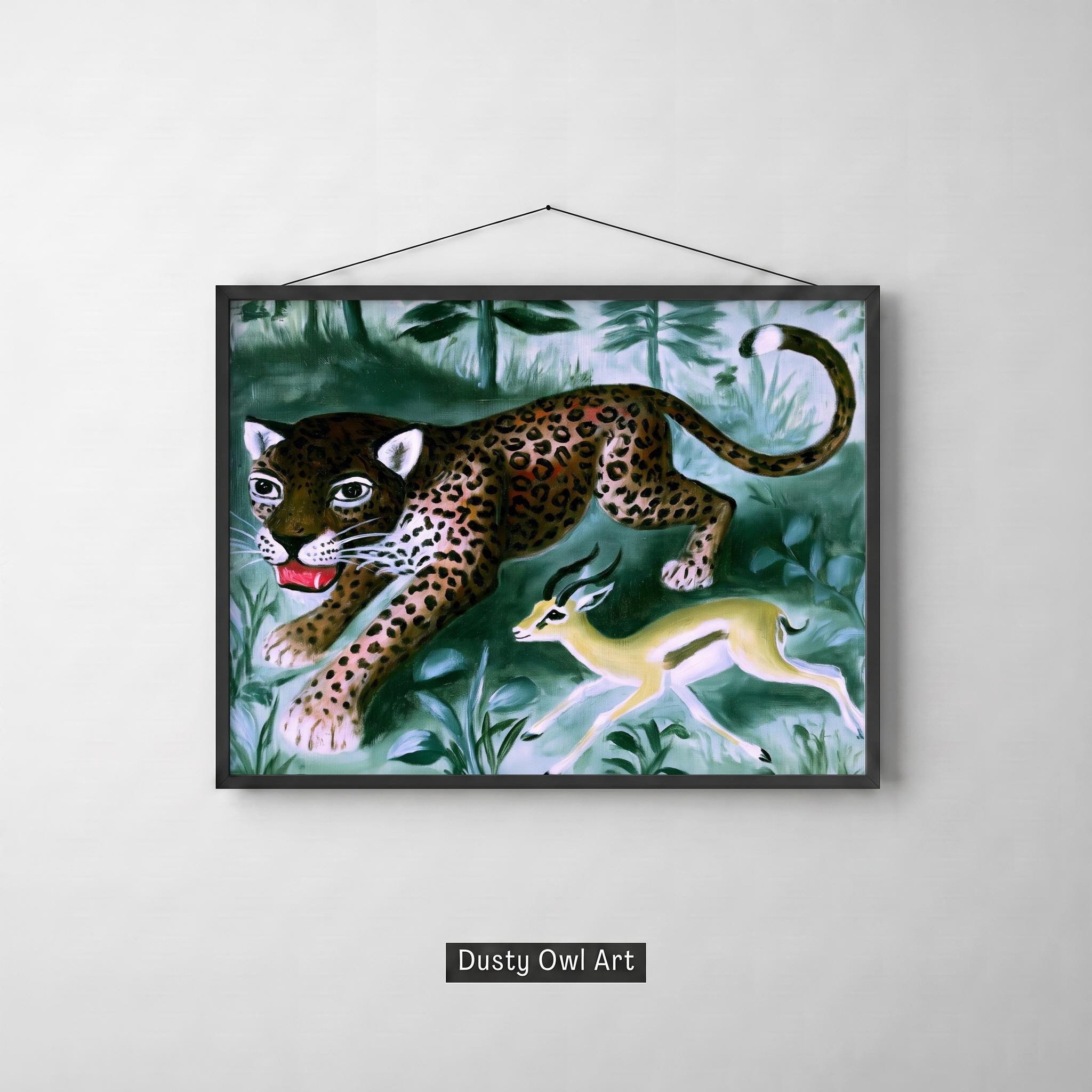 Leopard Print Wall Art, Naive Jungle Folk Painting, Henri Rousseau Style Decor, Leopard Gazelle Animal Art, Digital Download