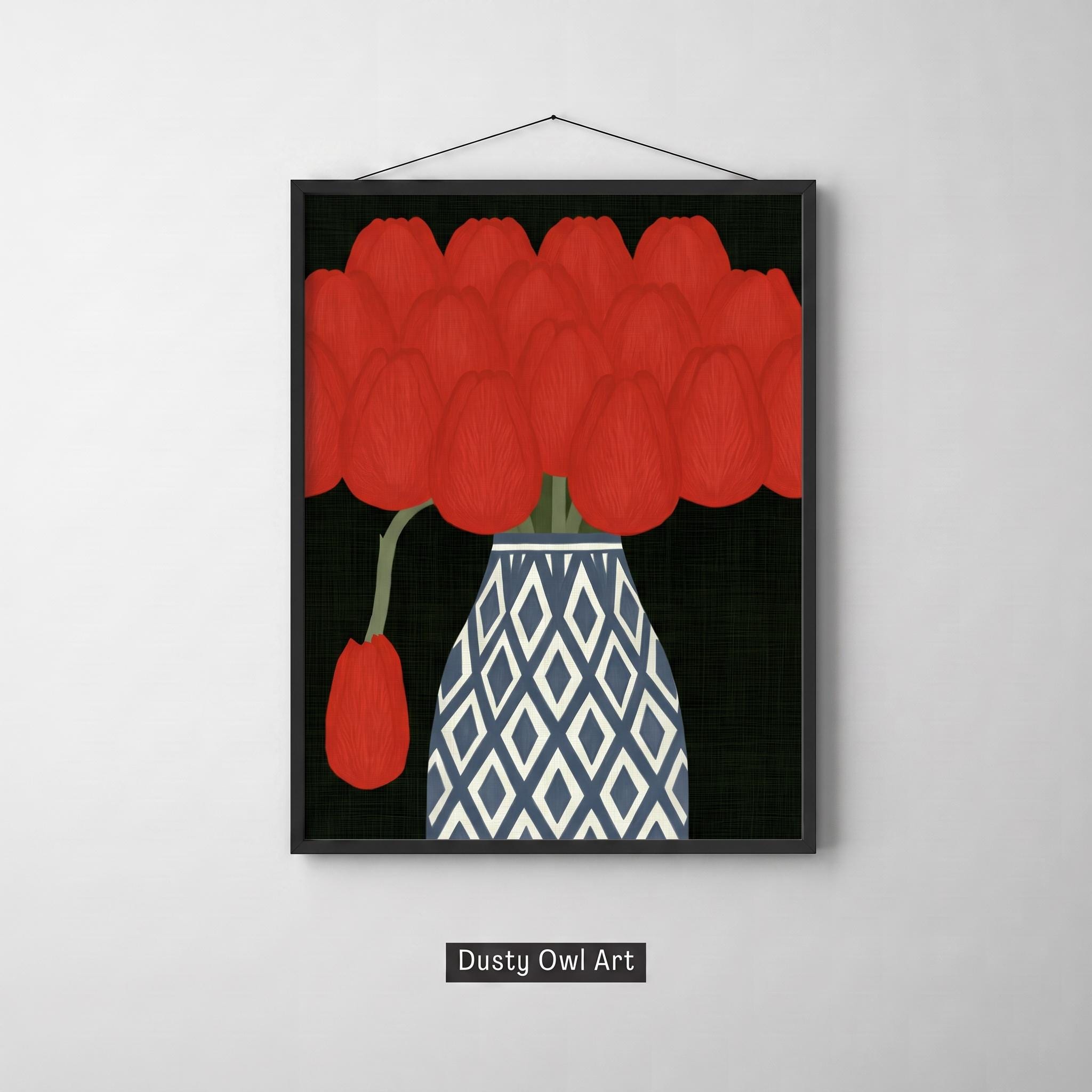 Red Tulip Print, Chinoiserie Floral Wall Art, Blue Diamond Vase Botanical, Dark Maximalist Decor, Digital Download
