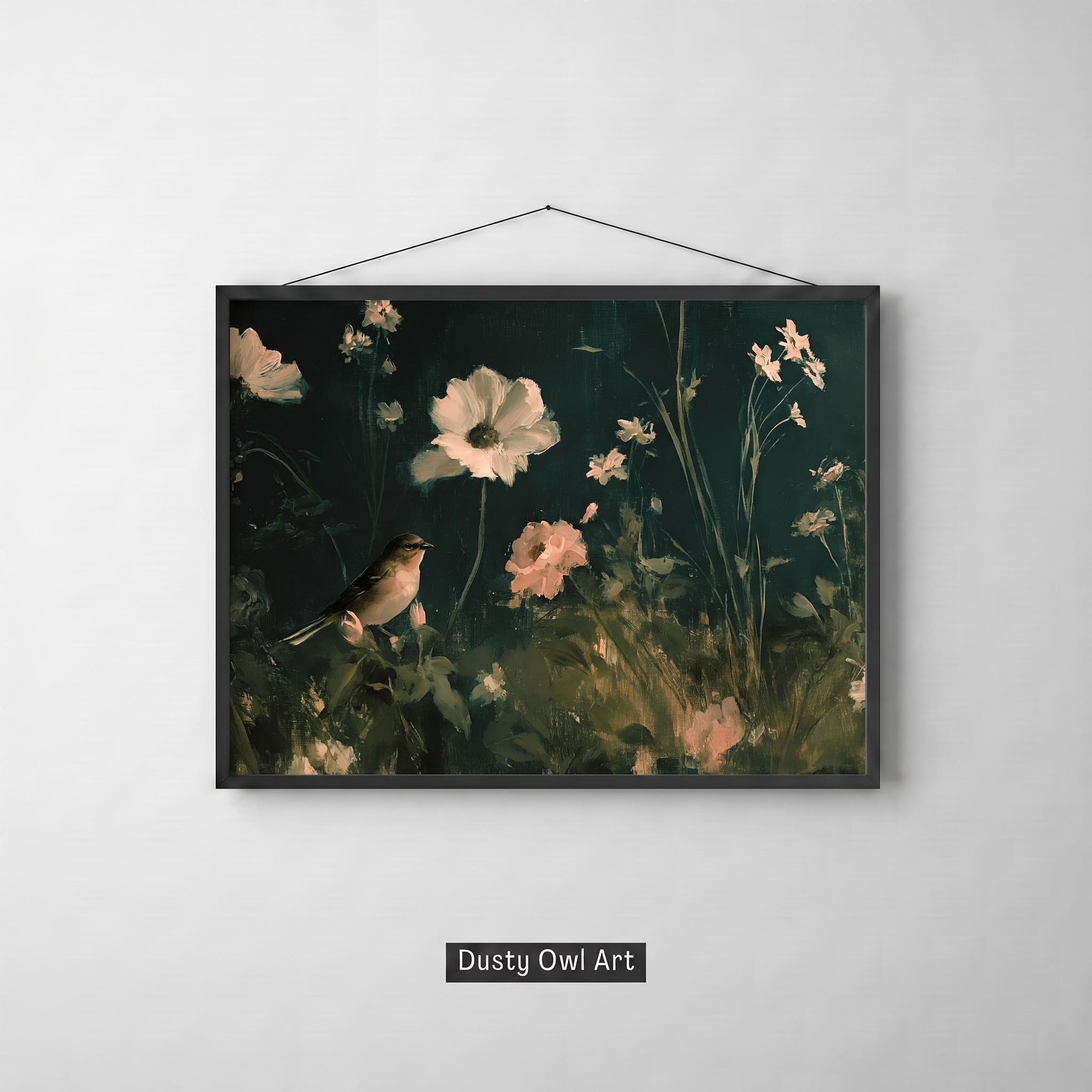 Dark Floral Bird Print, Moody Songbird Wall Art, Vintage Robin and Wildflowers, Romantic Botanical Oil Painting, Digital Download