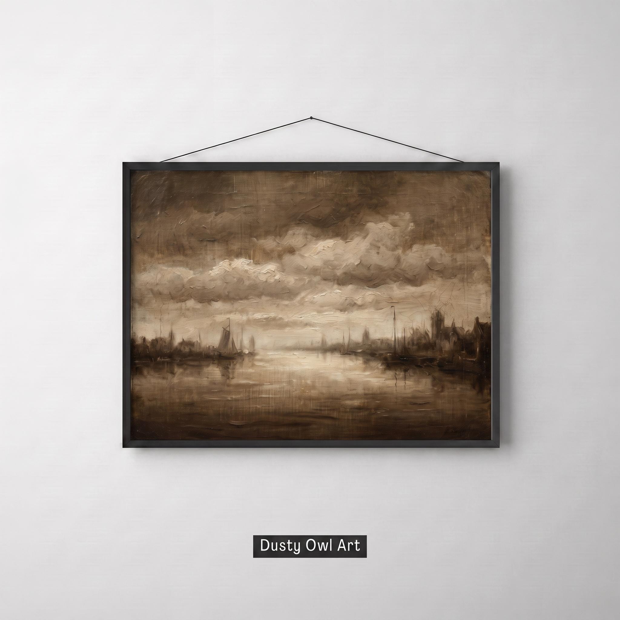 Moody Seascape Print, Antique Sailing Ships Oil Painting(Digital Download)