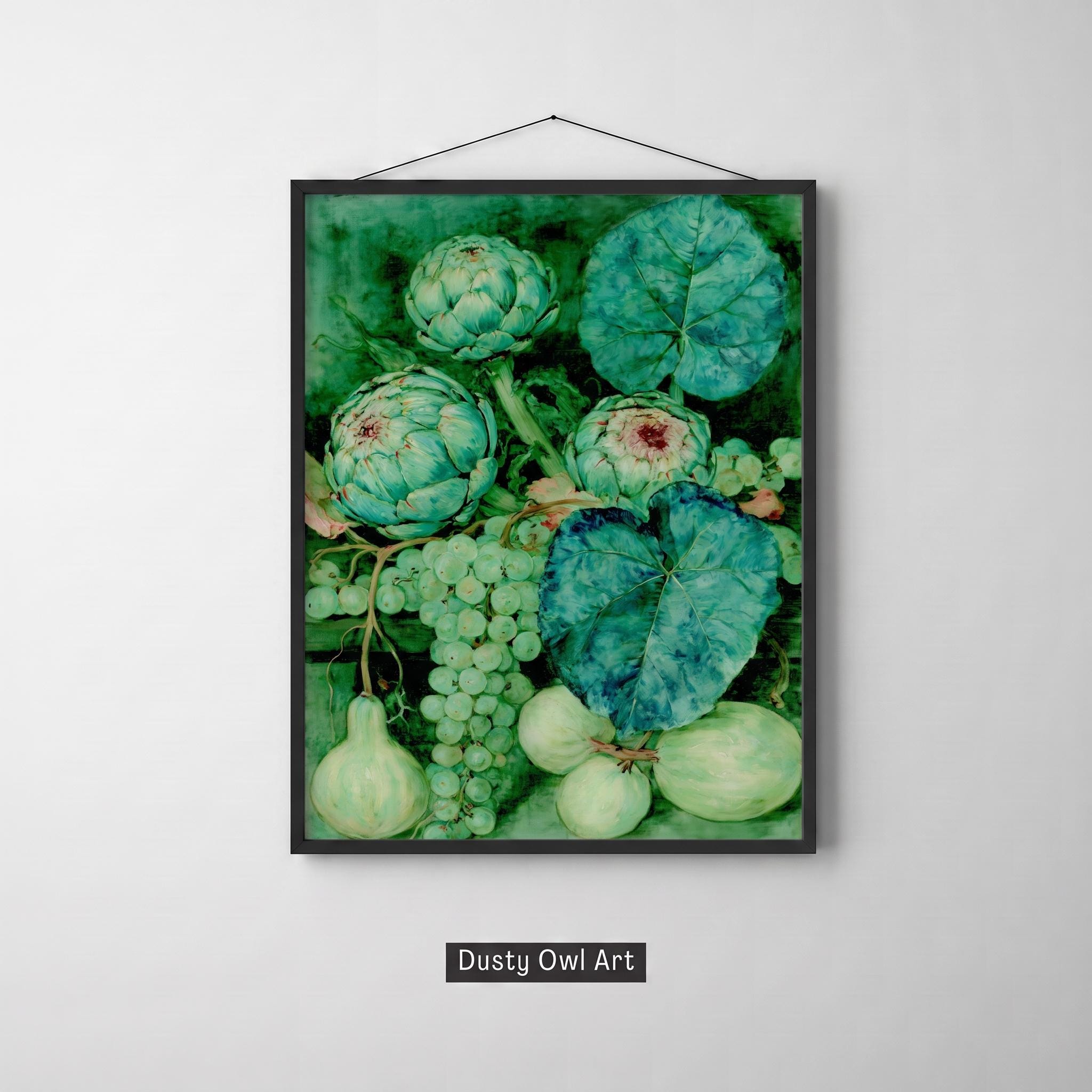 Moody Artichoke Grapes Botanical Print, Vintage Teal Kitchen Wall Art (Digital Download)