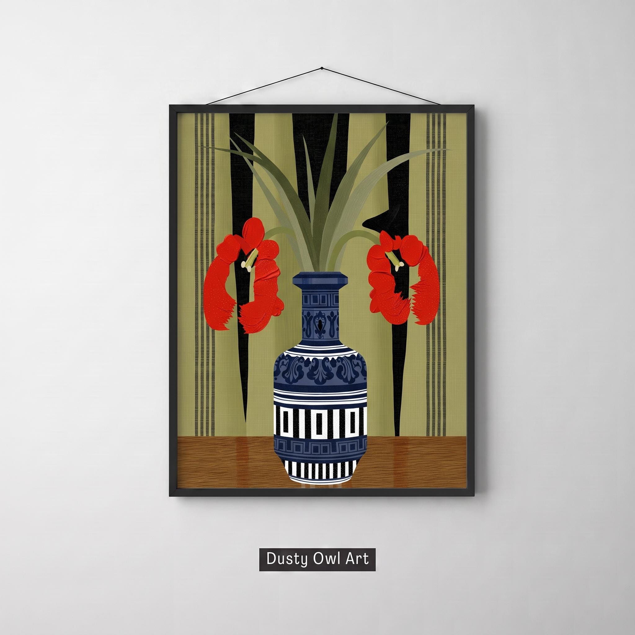 Red Flower Print, Maximalist Floral Wall Art, Blue and White Greek Vase Botanical, Modern Folk Still Life, Digital Download