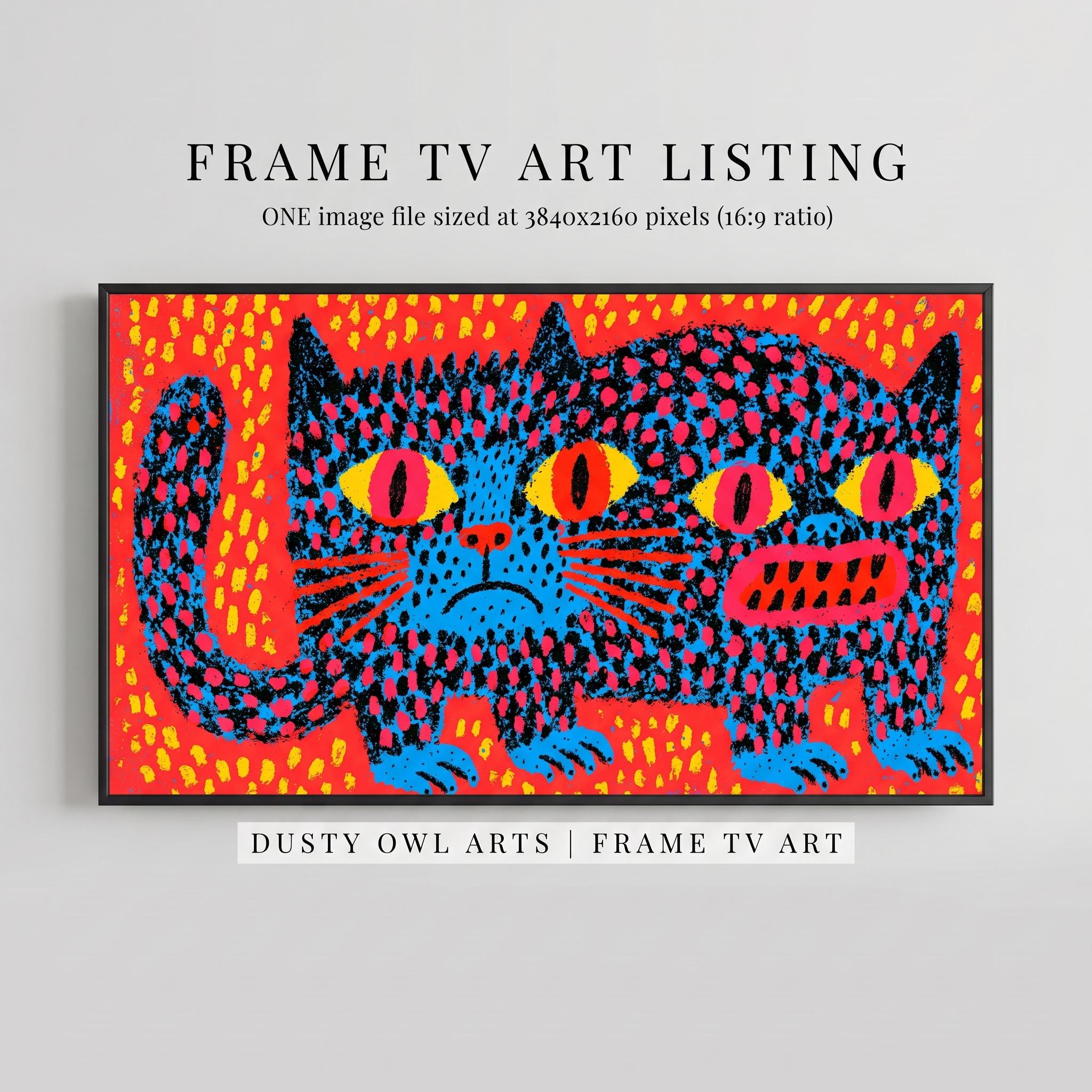 Colorful Cat TV Art, Samsung Frame Print, Maximalist Folk Cat Wall Art, Quirky Funny Animal Decor, Digital Download