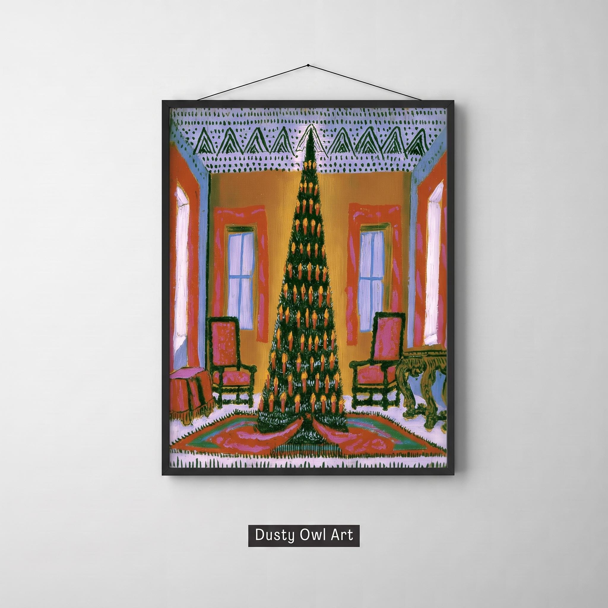 Folk Christmas Tree Print, Vintage Candle Tree Wall Art, Naive Retro Holiday Art, Colorful Maximalist Xmas Decor, Digital Download