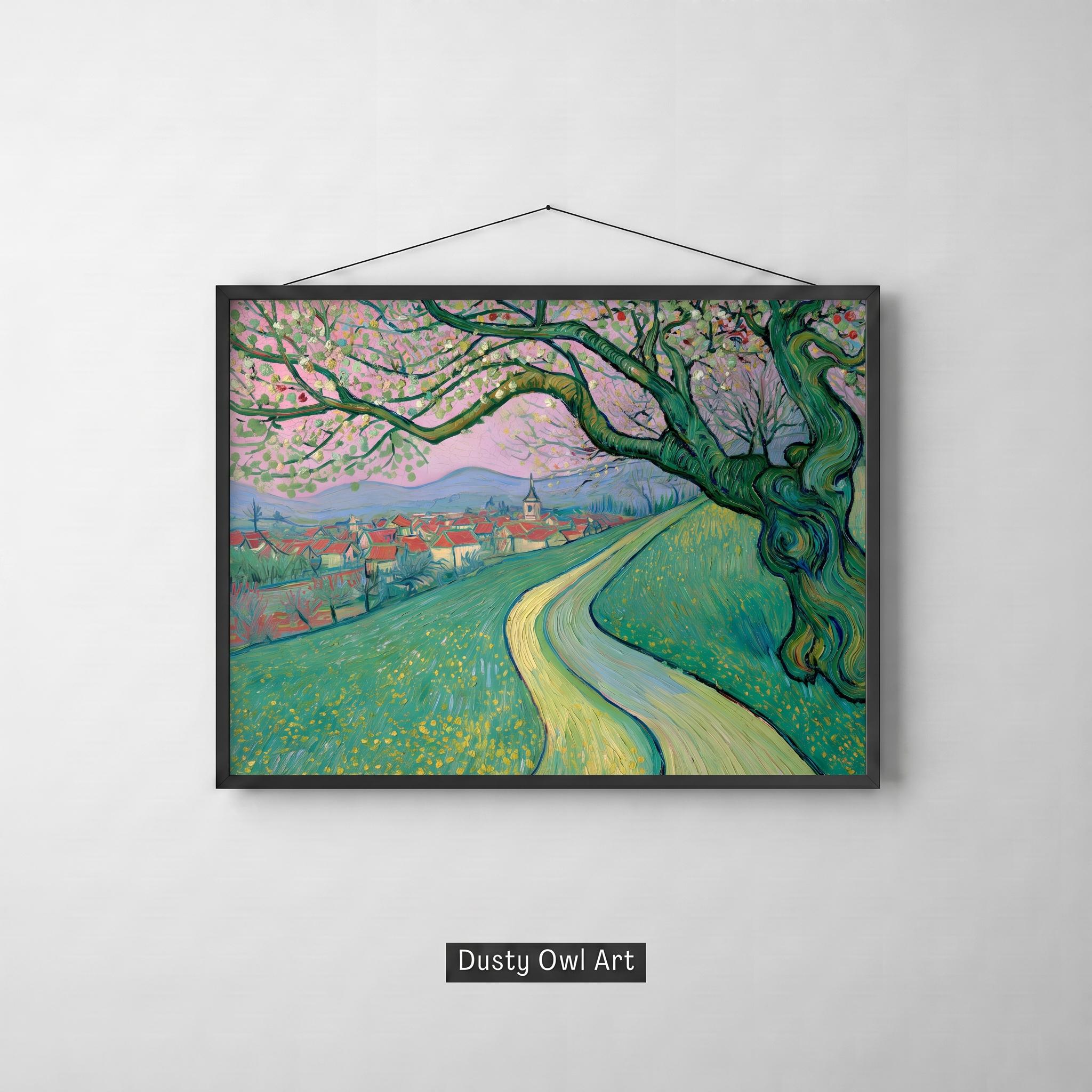Winding Path Under Pink Skies Print, Impressionist Art Print, Vintage Flower (Digital Download)