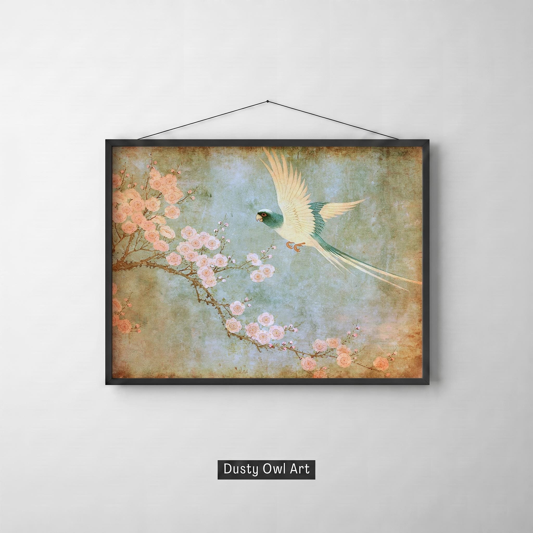 Vintage Parrot Print, Chinoiserie Bird Wall Art, Antique Parakeet and Plum Blossom, Blue Japanese Nature Decor, Digital Download