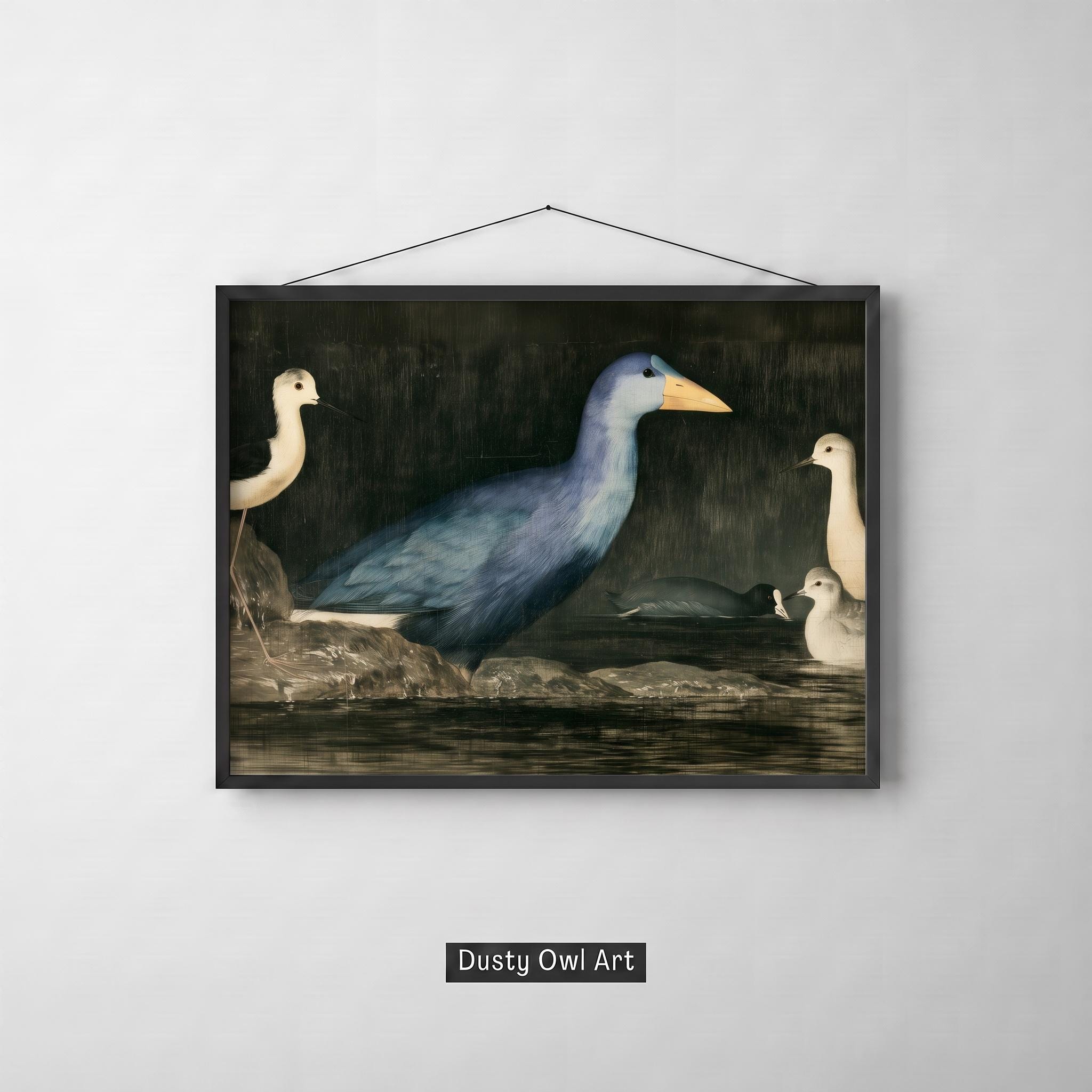 Vintage Bird Print, Audubon Style Waterbird Wall Art, Antique Naturalist Gallinule, Dark Moody Nature Decor, Digital Download