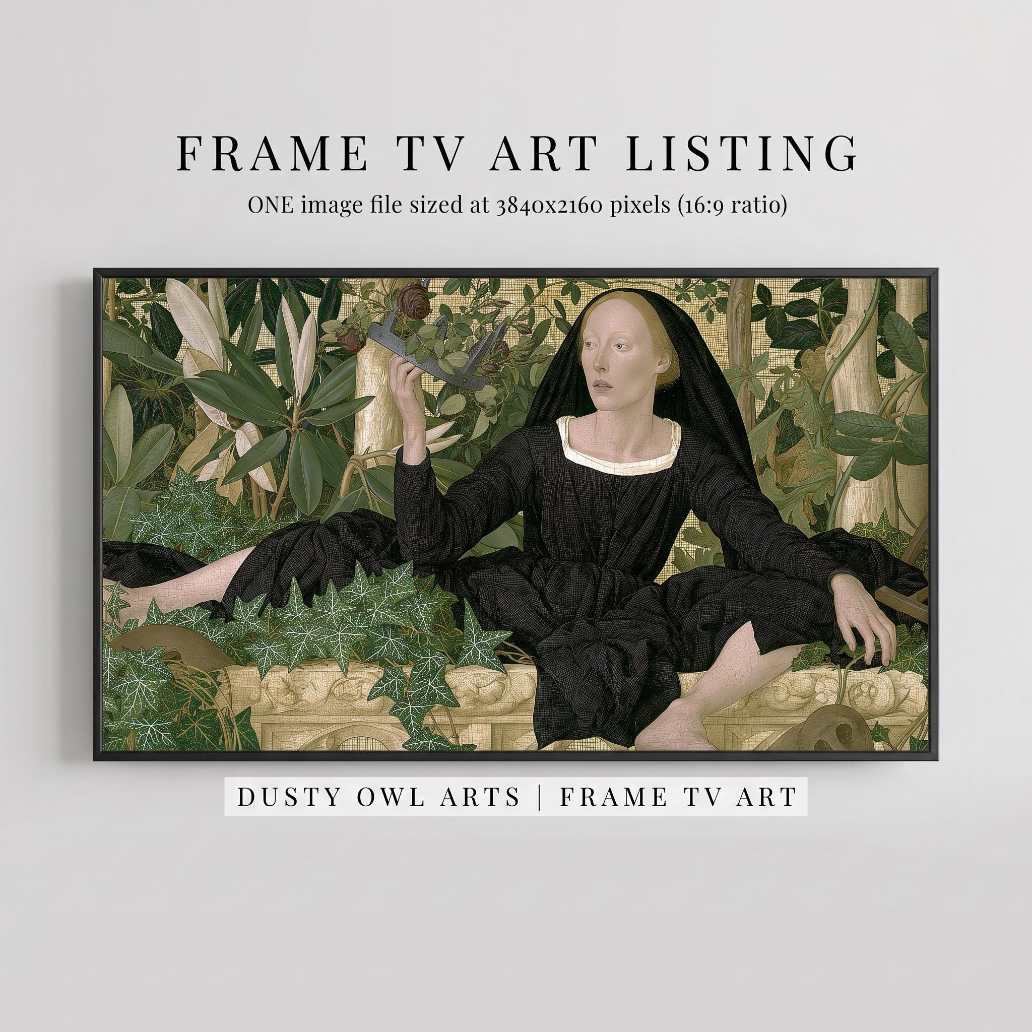 Renaissance Woman TV Art, Samsung Frame Dark Academia Print, Medieval Crown Portrait, Moody Gothic Garden Decor, 4K Digital Download