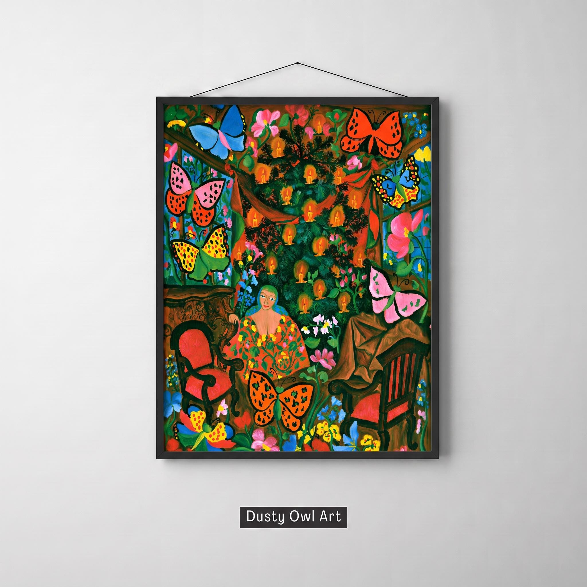 Whimsical Christmas Tree Print, Folk Art Butterflies & Woman, Colorful Naive Holiday Wall Art, Maximalist Xmas Decor, Digital Download