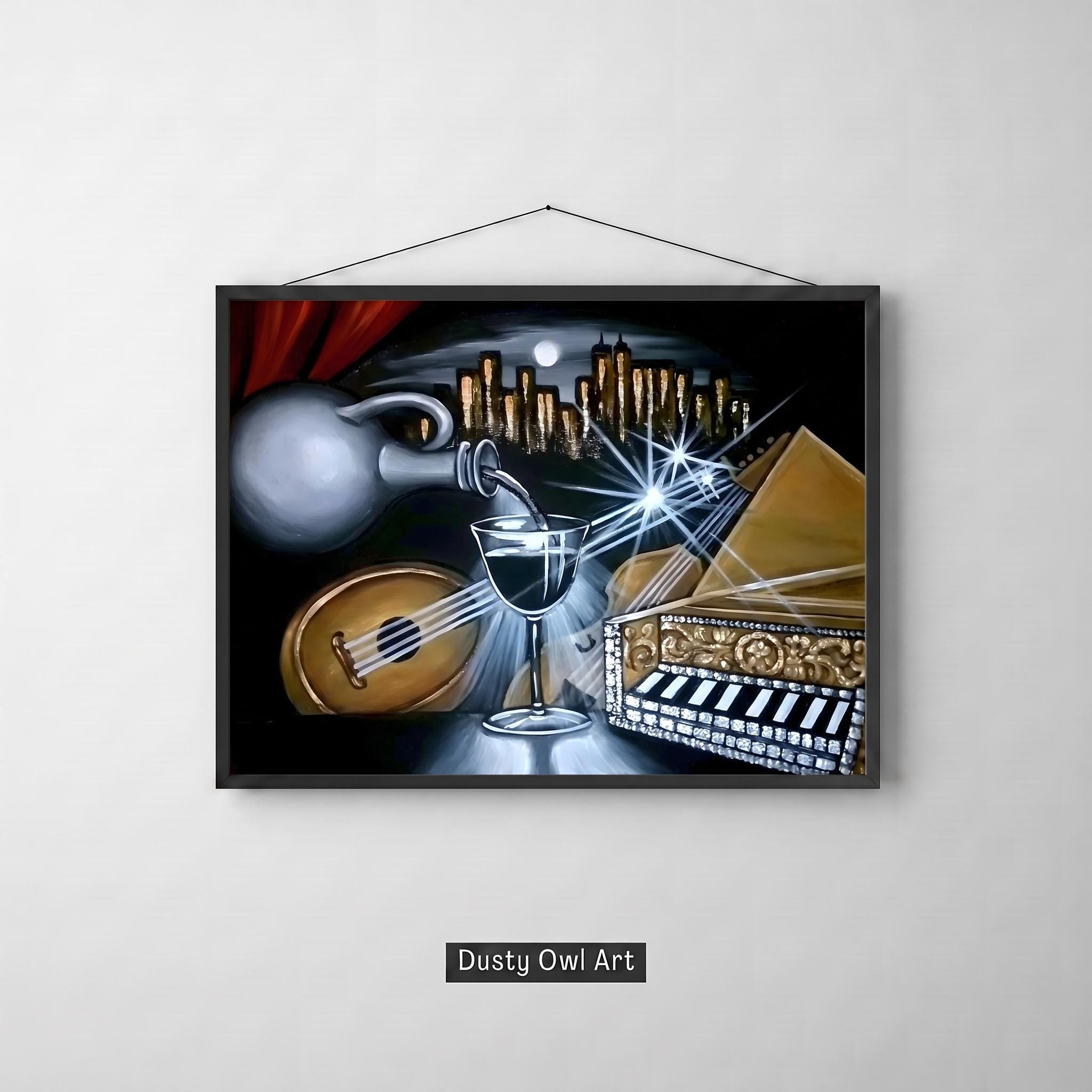 Bar Cart Print, Cocktail Bar Wall Art, Surrealist Antique Glass & Music Oil Painting, Moody Dark Academia Bar Decor, Digital Download